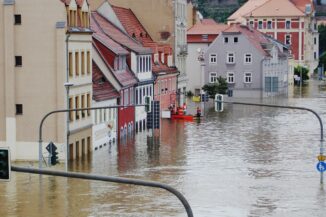 Überschwemmte Altstadt von Meißen bei Elbhochwasser