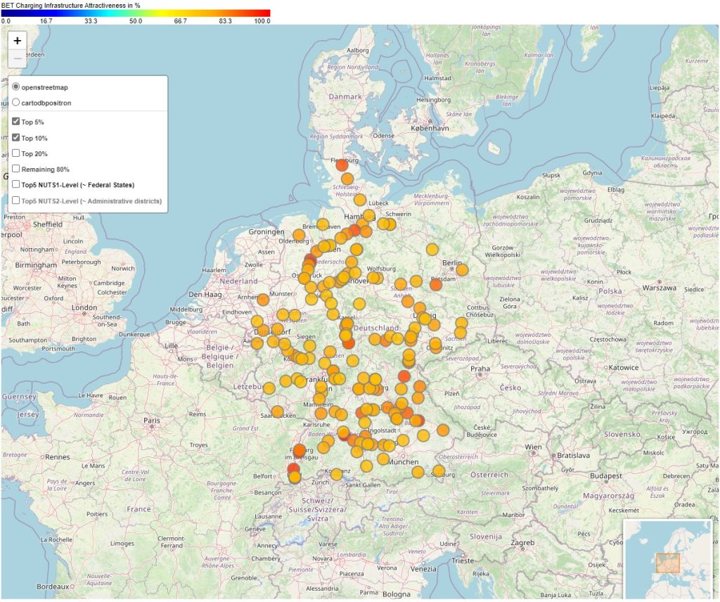 Empfehlung für den Aufbau von Ladestationen für Elektro-Lkw:  Entlang der industriellen Achsen Deutschlands (Abbildung: HoLa-Projekt / Open Street Map)