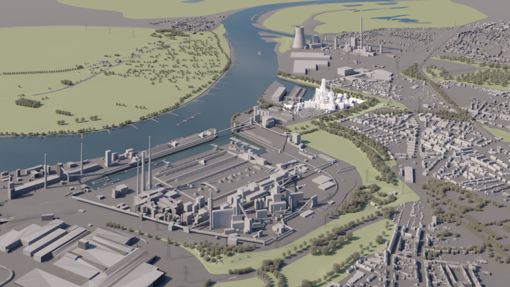 Die Grafik zeigt im Modell, wo am Rhein bei Duisburg Thyssenkrupp Steel seine erste wasserstoffbetriebene Direktreduktions-Anlage für grünen Stahl plant