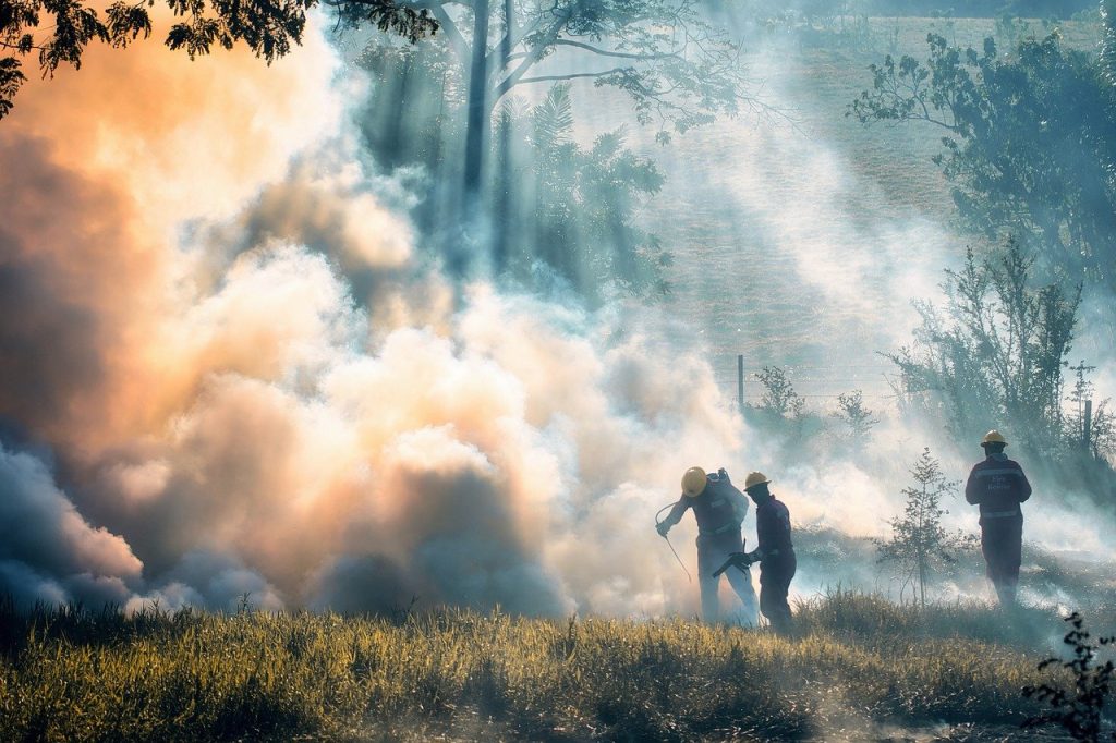 Vermehrte Waldbrände, wie Feuerwehrleute sie hier zu löschen versuchen, sind eine direkte Folge der durch die Klimakrise ausgelösten globalen Heißzeit