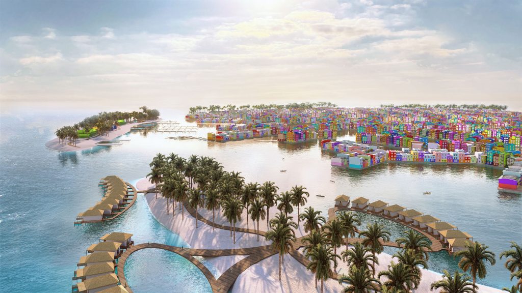 Computerentwurf der geplanten Inselstadt vor Malé, der Hauptstadt der Malediven - schwimmend dem Meeresspiegelanstieg trotzen